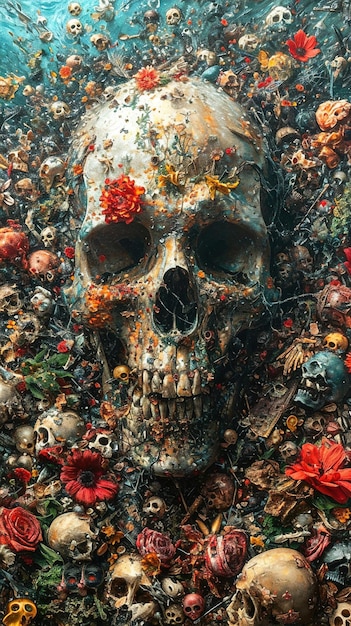 a skull with flowers and a skull that says  death  on it