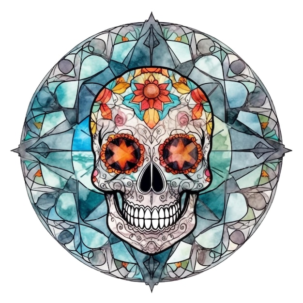 Skull with flowers and stars on a white background.