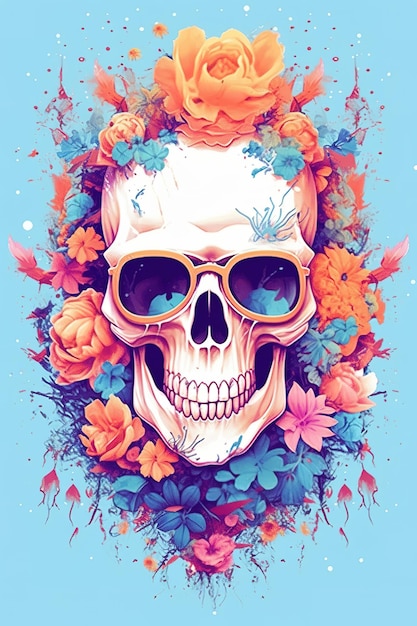 A skull with flowers and the word day of the dead