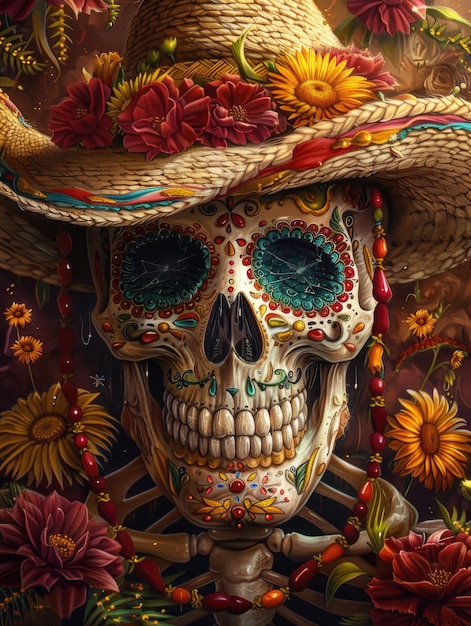 Skull with flowery hat on top of it