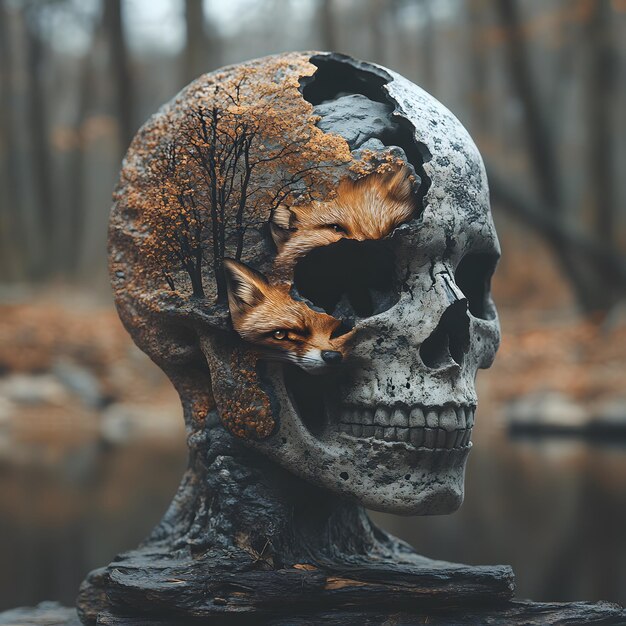 Photo a skull with a fox head on it is sitting on a stone