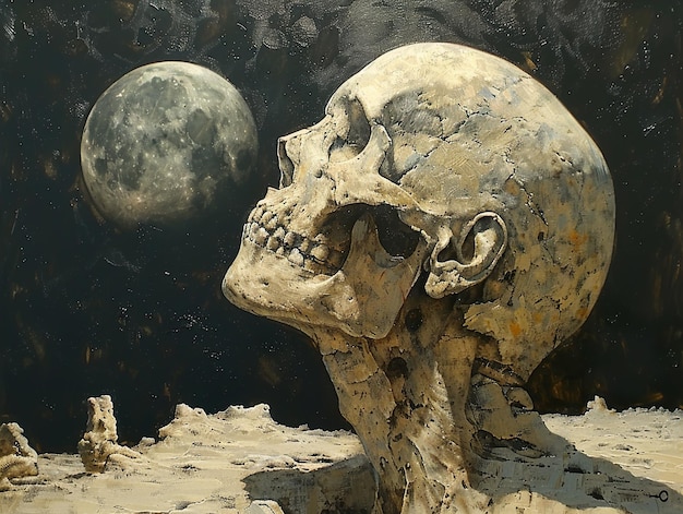 a skull with a full moon in the background