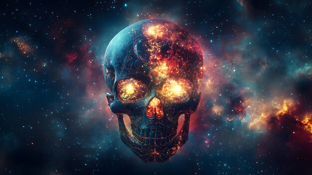 a skull with glowing eyes sits in space with a star filled background