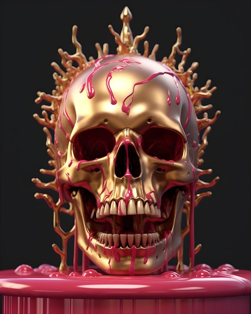 A skull with a golden skull and a red virus on it