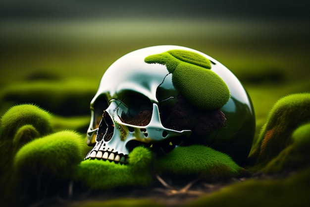 A skull with a green leaf on it