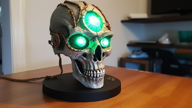 A skull with a green light on it that says'skull'on it