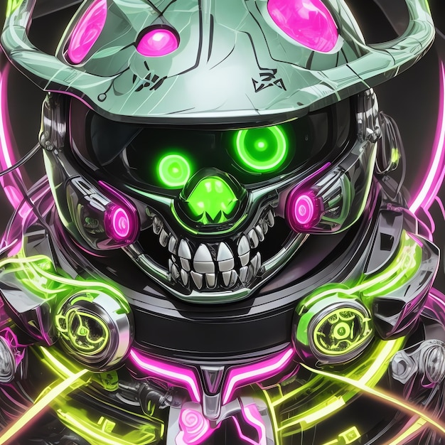 a skull with green and orange lights and a green helmet