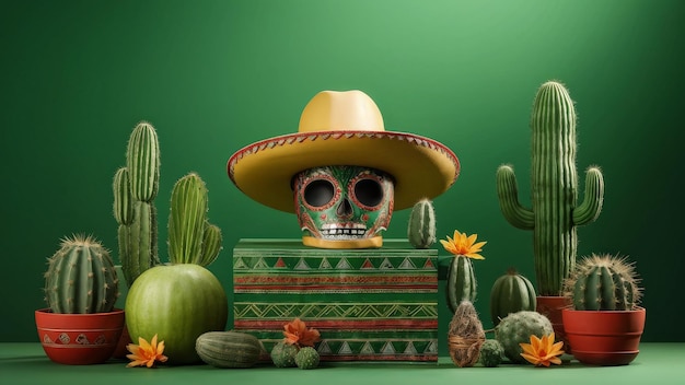 a skull with a hat and a cactus on it