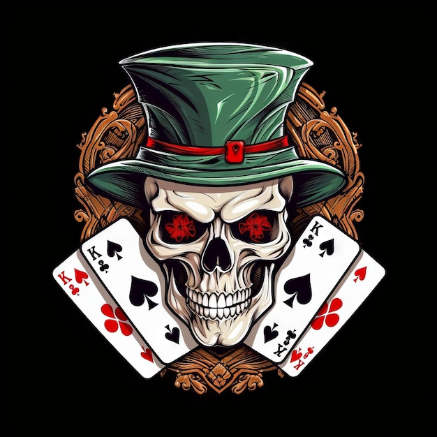 a skull with a hat and a green top with a red band on it