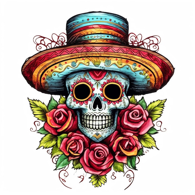 a skull with a hat and roses