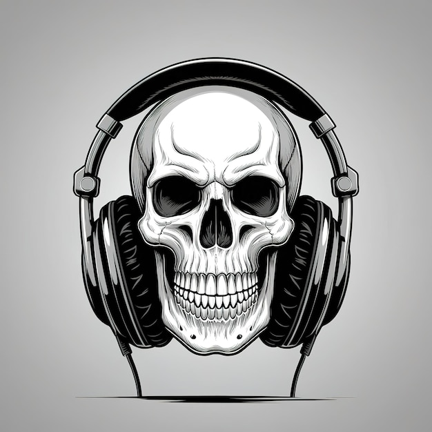 Photo skull with headphones illustration black and white music art for rock and metal fans