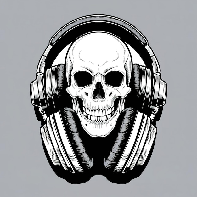 Skull with Headphones Illustration Black and White Music Art for Rock and Metal Fans