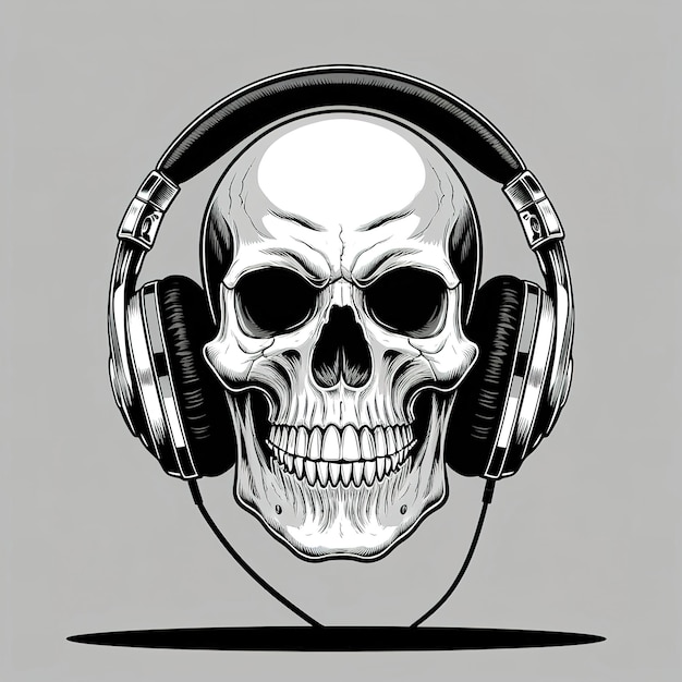 Photo skull with headphones illustration black and white music art for rock and metal fans