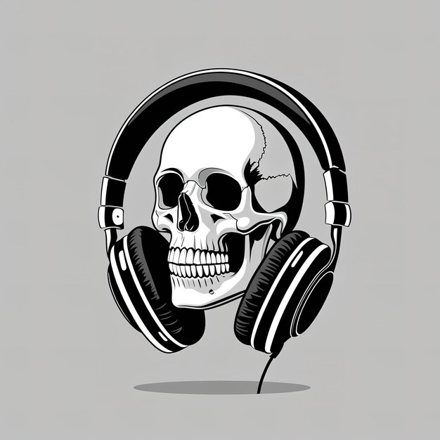 Photo skull with headphones illustration black and white music art for rock and metal fans