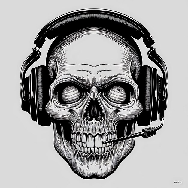 Photo skull with headset illustration vintage human skull t shirt design concept art