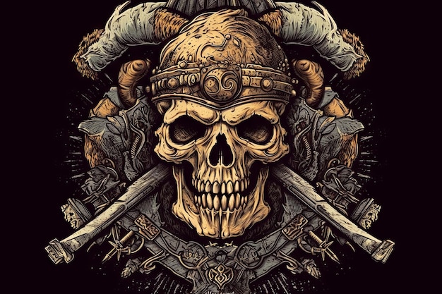 A skull with a helmet and swords on it