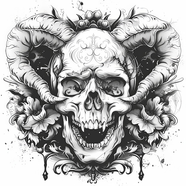 Photo skull with horns and floral design