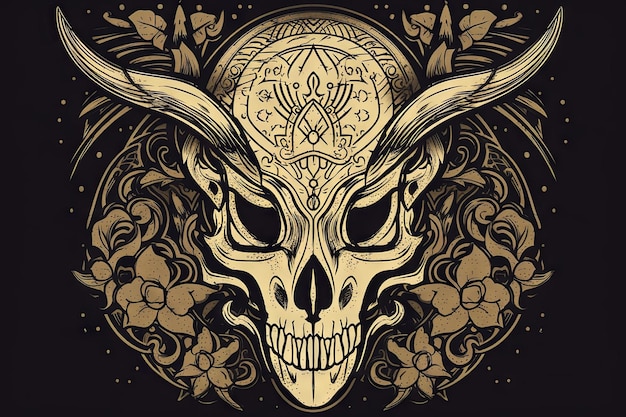 A skull with horns and a floral pattern on it