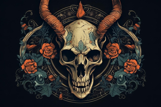 A skull with horns and roses on it