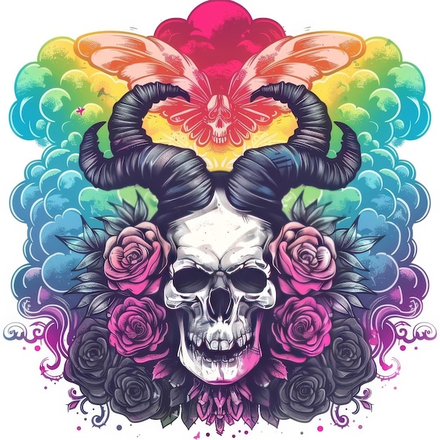 A skull with horns and roses surrounded by colorful smoke and a butterfly