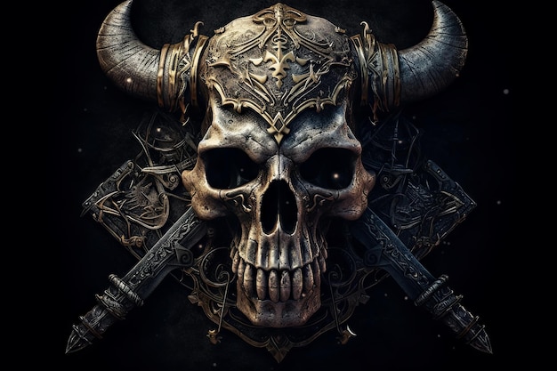 Skull with horns and a sword on it