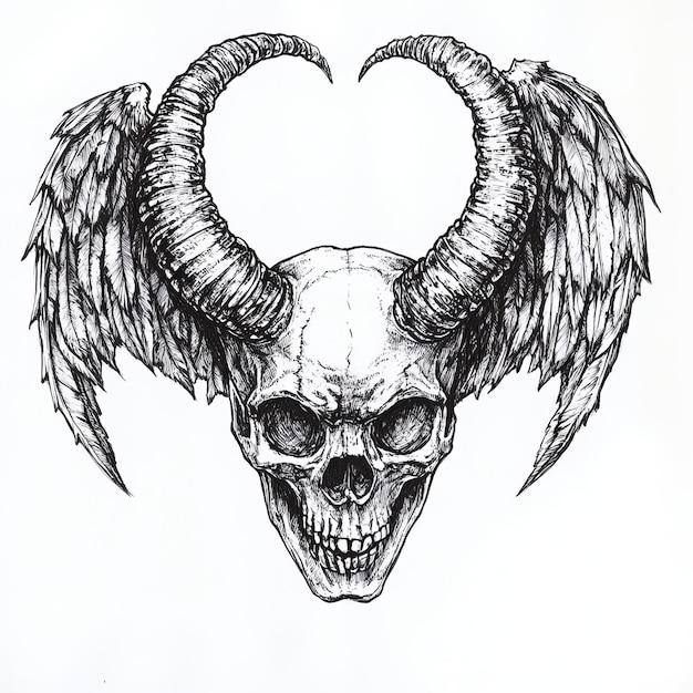 Photo skull with horns and wings tattoo art hand drawn illustration