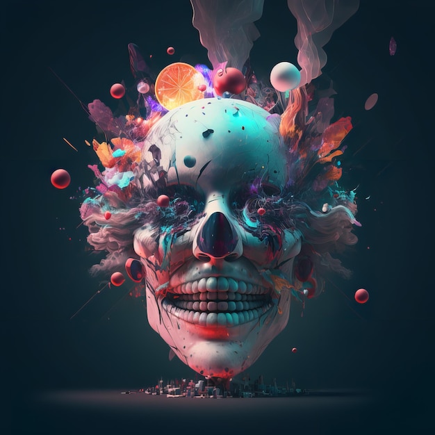 A skull with a lot of colorful objects around it