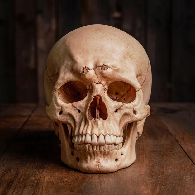 a skull with a missing nose sits on a wooden table