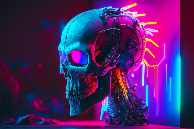 Skull with neon lights on it's head in dark room Generative AI