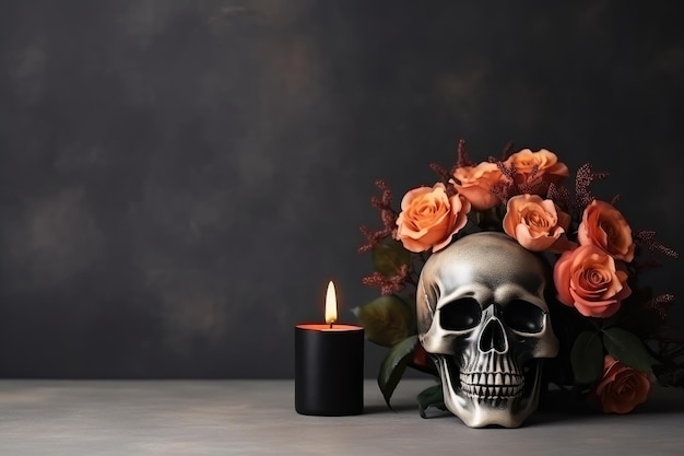 Skull with orange roses and burning candle on dark background Halloween concept