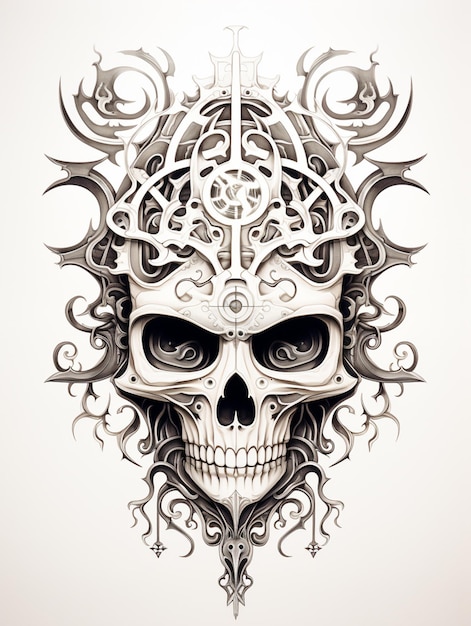 skull with ornate design on white background with black eyes generative ai