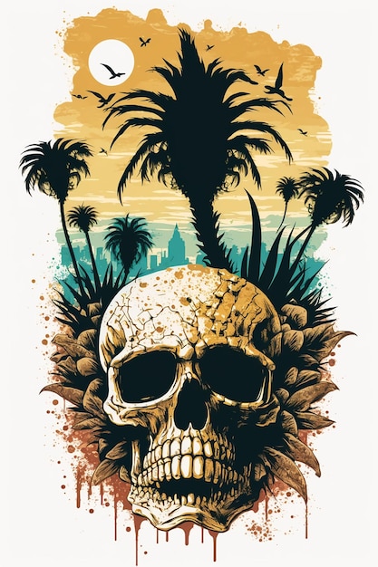 A skull with a palm tree in the background