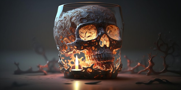 Skull with patterns in a glass jar next to a candle burning Generative AI