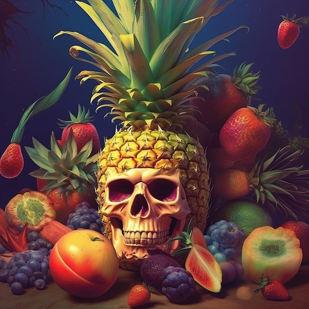 A skull with a pineapple on it and a bunch of fruit on the top