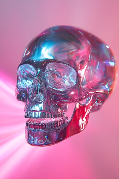 Photo a skull with a pink background and a silver skull with a red ribbon around it