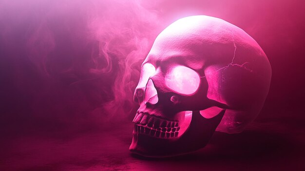 Photo a skull with a pink background and a skull with a smoke coming out of it