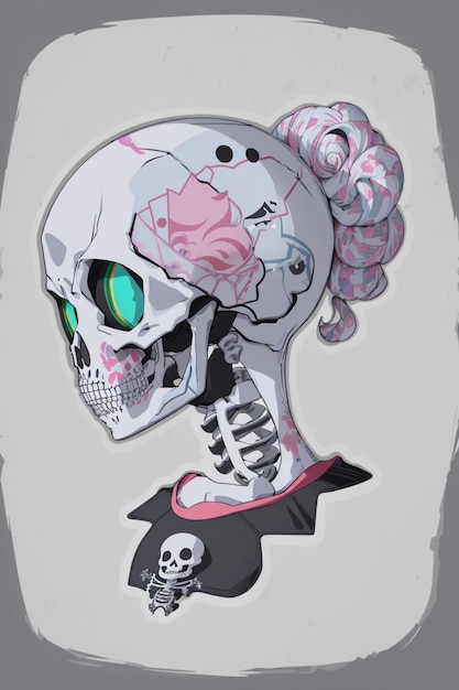 a skull with a pink bow and a woman's hat is wearing a black dress with a pink flower on it