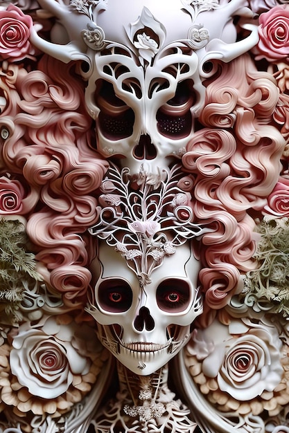 A skull with a pink face is surrounded by roses.