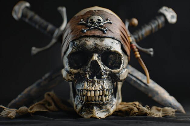 Photo a skull with a pirate headband and two crossed sabers behind it on a black background in a photore