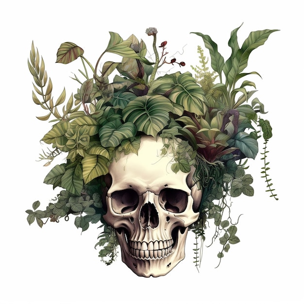 A skull with a plant crown and leaves on it