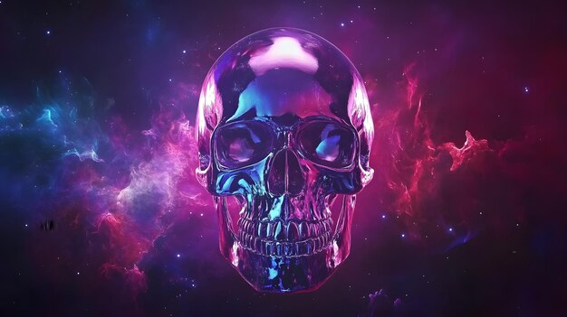 a skull with a purple background and a purple and purple galaxy behind it