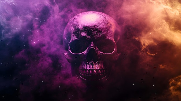 a skull with a purple background and purple smoke behind it