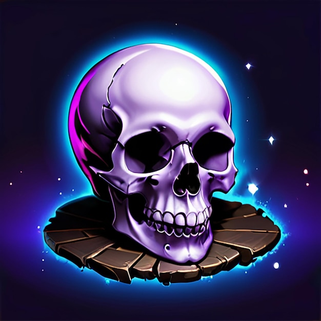 a skull with a purple circle and a purple background with stars