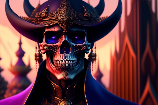 A skull with purple eyes and a purple hat is in front of a castle.