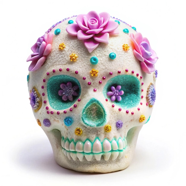 Photo a skull with a purple flower on it sits on a white surface