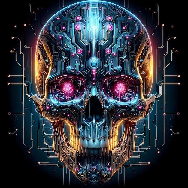 a skull with a purple and orange glowing design on it