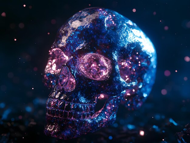 a skull with purple and pink glitter and a purple and blue speckled skull