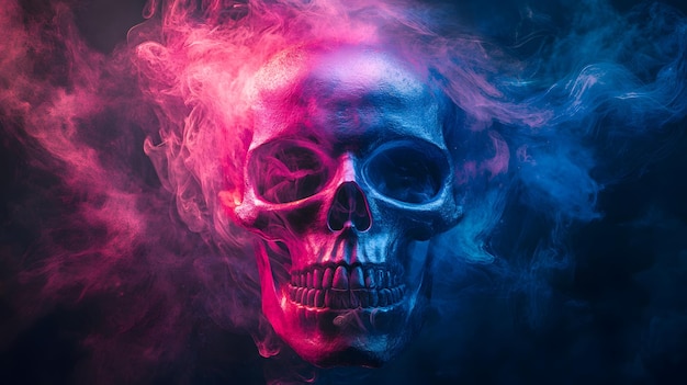 a skull with a purple and pink smoke in the background