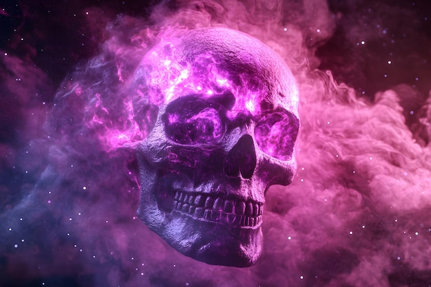 a skull with purple and pink streaks in the middle of it