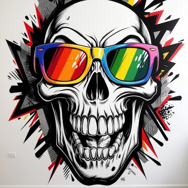 a skull with rainbow colored glasses is painted on a white wall